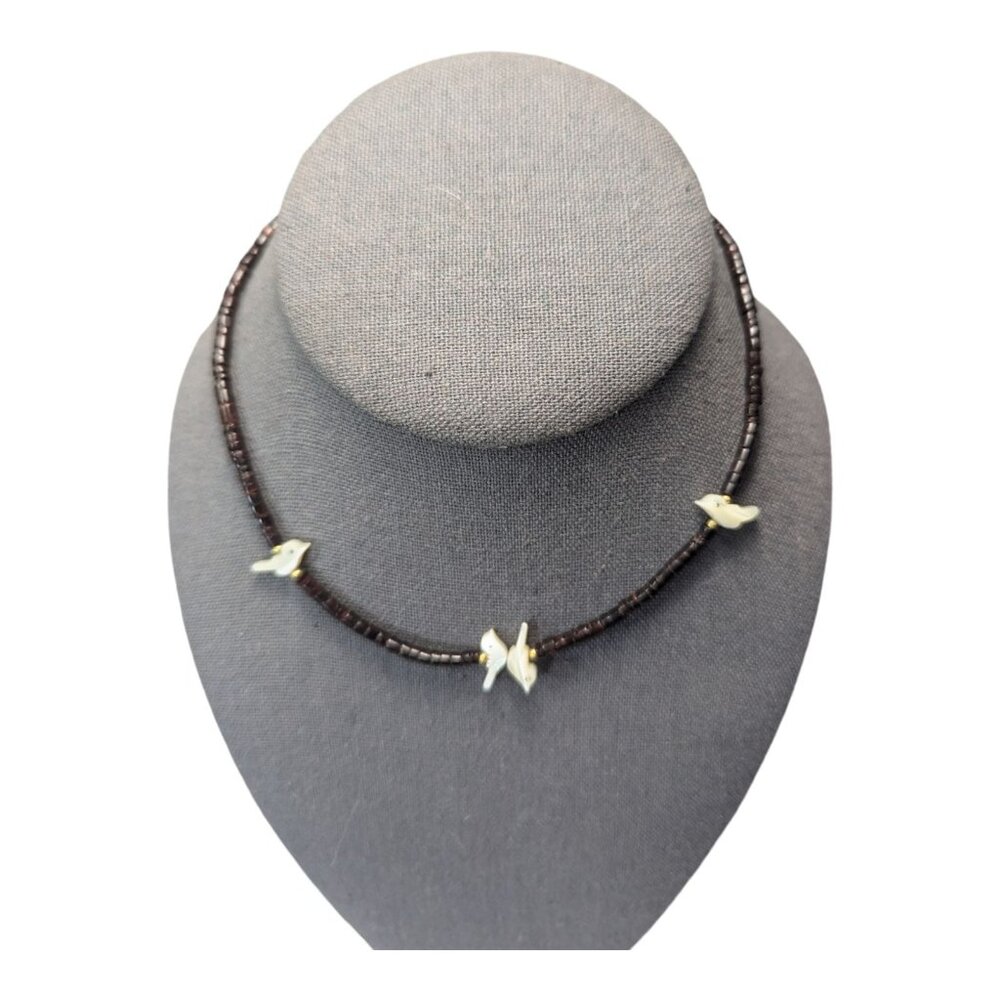 VTG Zuni Fetish Child's Necklace Carved MOP Birds on Dark Coco Heishi Beads